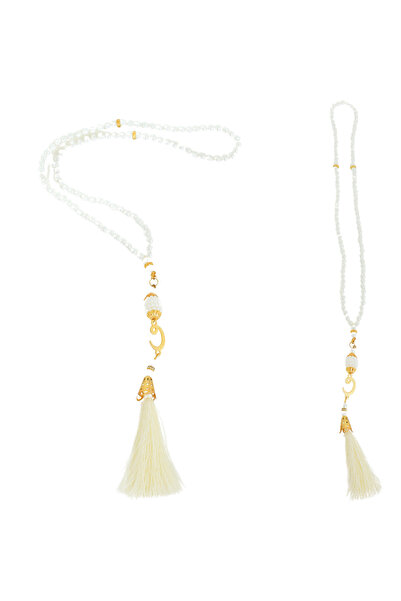 Modish Group Taffeta Prayer Rug with Slub Pouch and Pearl Vav Prayer Beads Set, Portable Prayer Set