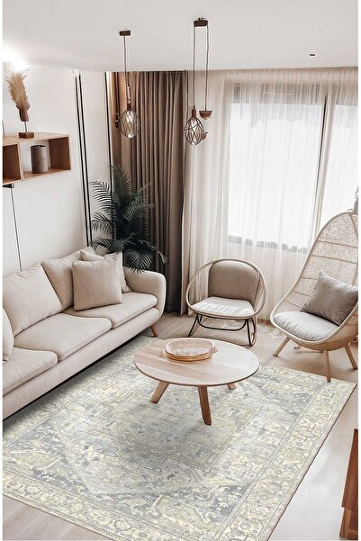BigArts Home Pastel Gri ve Bej Tonlarında Vintage Tarzı Geometrik Halı Zarif ...