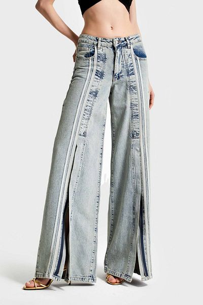 its basic Jeans Color 3S565 - Palazzo Women's Jeans with Stripe Detail and Slit 100% Cotton Denim