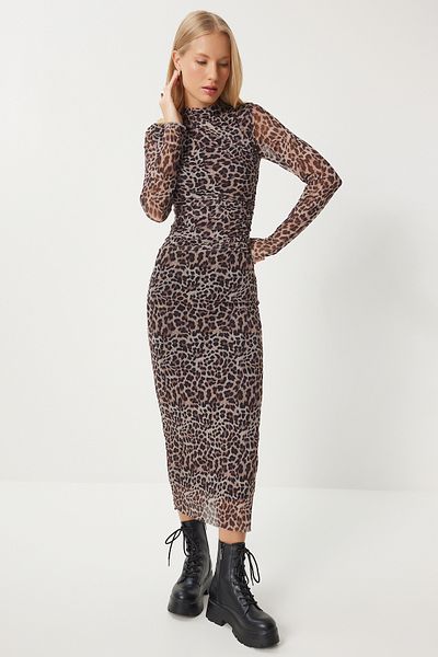 Lovelyİstanbul Rochie din tul îmbrățișat cu imprimeu leopard - negru gri, adunat, LDK0007