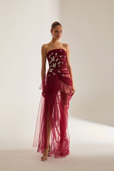 BETTY & SAM Olivia Stone Embroidered Dark Red Tulle Dress