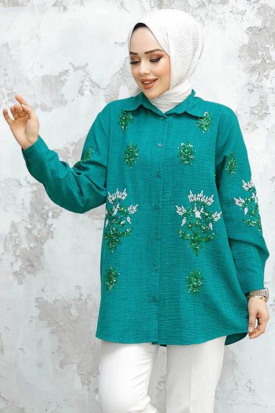 Neva Style Cămașă Hijab verde smarald brodat cu margele 45270ZY