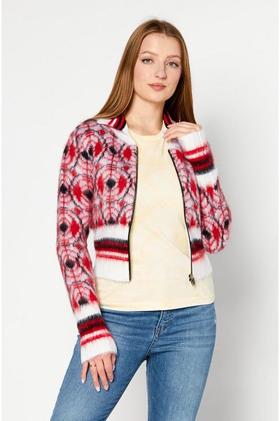 Diesel Women Stand Collar Geometric Pattern Cardigan, Red