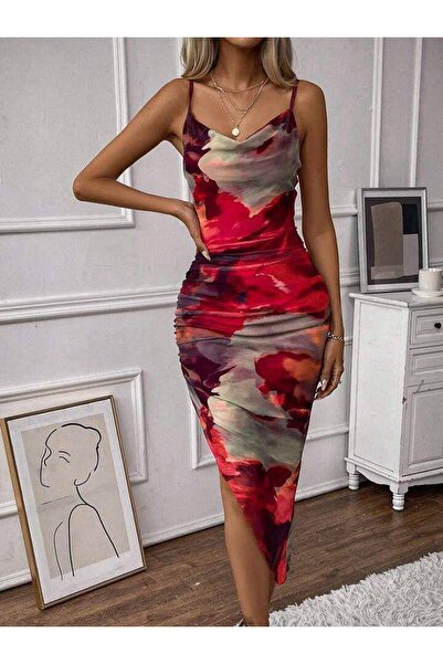 hipnoz butik kadın asimetrik kesim cam tül iç astarlı ip askılı midi boy elbise