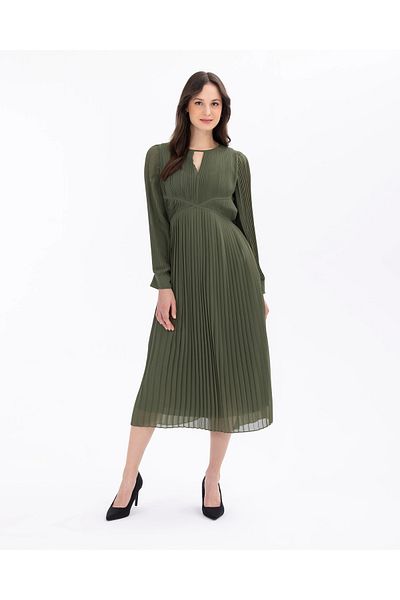 SEÇİL Pleated Window Detail Midi Size Dress-Green