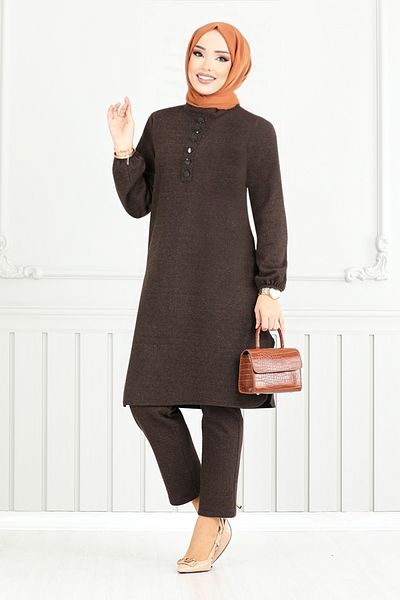 ModaMerve Σετ Hijab με κουμπιά αξεσουάρ σε χρώμα καφέ - 22035UKB929-M