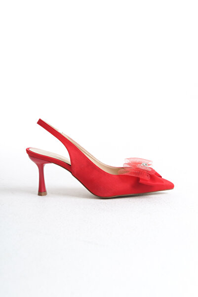 MARSEDO Kadın Stiletto Arkası Açık Fiyonk Detaylı Topuklu Günlük Ayakkabı Mesh Kırmızı