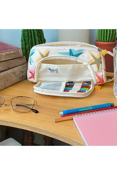 BABUN Big Pencil Case with Star Pattern - Organic Canvas, Cotton Cloth, Toiletry Bag