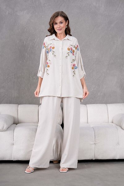 MVStore Women's Floral Print Embroidered Stone Detailed Linen Oversize Shirt