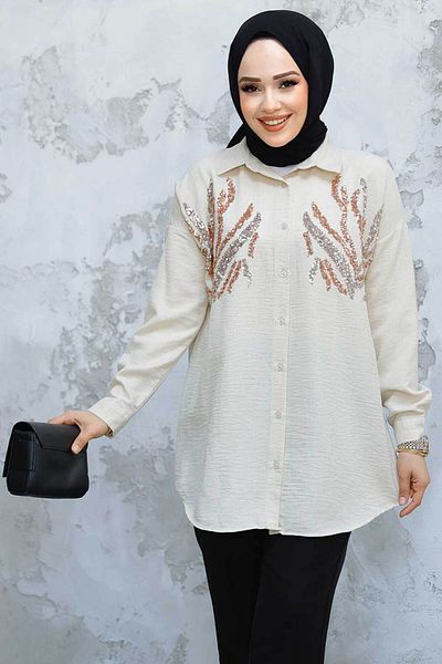 Neva Style Cămașă Hijab cu piatră brodată cu margele 4526TAS