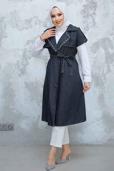 Neva Style Bead Embroidered Anthracite Hijab Vest 6572Ant