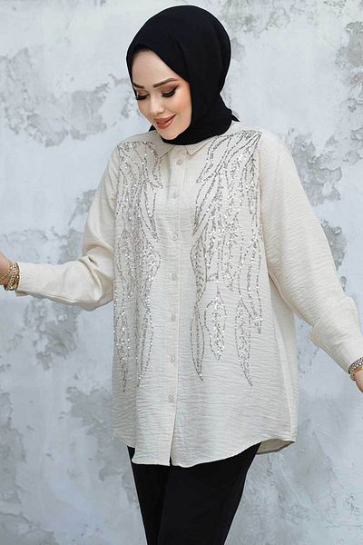 Neva Style Cămașă Hijab cu piatră brodată cu margele 45280TAS