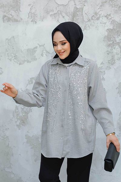 Neva Style Cămașă Hijab Gri Brodată cu margele 45280GR