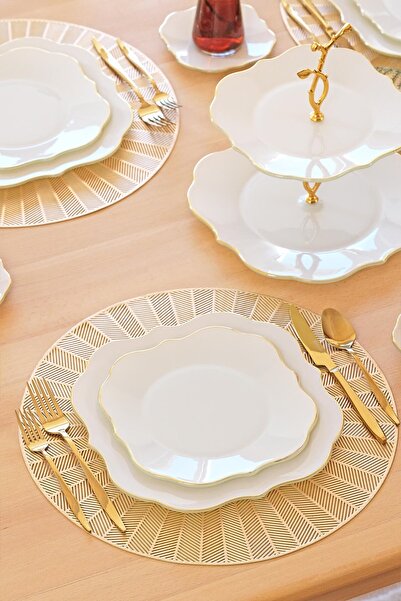 Glore Lotus Krem Altın Yaldızlı 6 Kişilik 34 Parça Pasta Servis Takımı