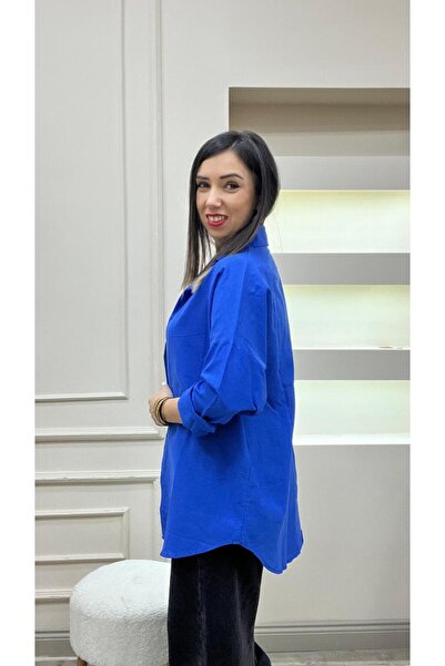 Meryemce Keten Saks Mavi Gömlek Kumaş Jakarlıdır Tok Görünümlü Dökümlüdür