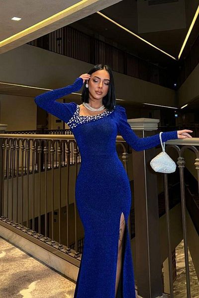Mossta Saks Color Asymmetrical Neckline and Stone Detail Flowers Slit Evening Dress