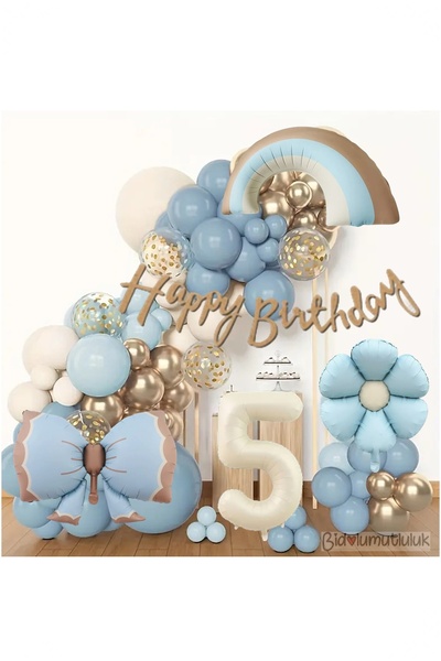 BİDOLUMUTLULUK Lüks Doğum Günü Seti Mavi Fiyonklu Retro Konsept Balon Kutlama...