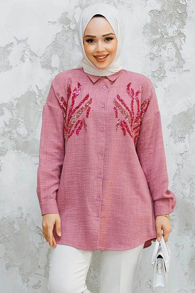 Neva Style Bead Embroidered Dusty Rose Hijab Shirt 4526Gk