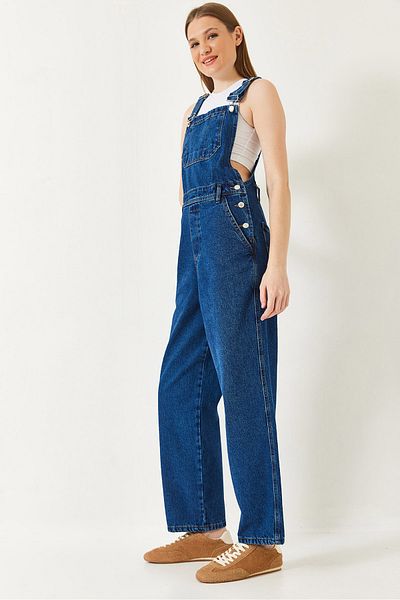 Bianco Lucci Women's Strap Bag Pocket Long Denim Salopet