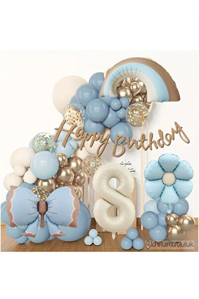 BİDOLUMUTLULUK Lüks Doğum Günü Seti Mavi Fiyonklu Retro Konsept Balon Kutlama...