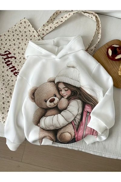aynewmoda Cute Girl Hugging Teddy Printed Swaetshirt Hoodie