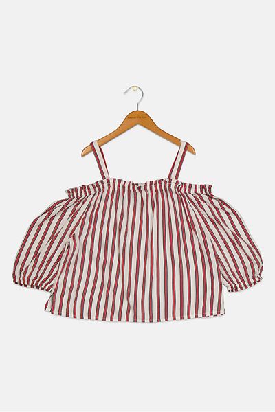 Pepe Jeans Kids Girl Cold Shoulder Long Sleeves Stripe Print Blouse, Red