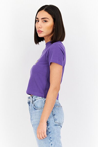 Misfit Women Crew Neck Short Sleeves Printed Cropped Top, Purple