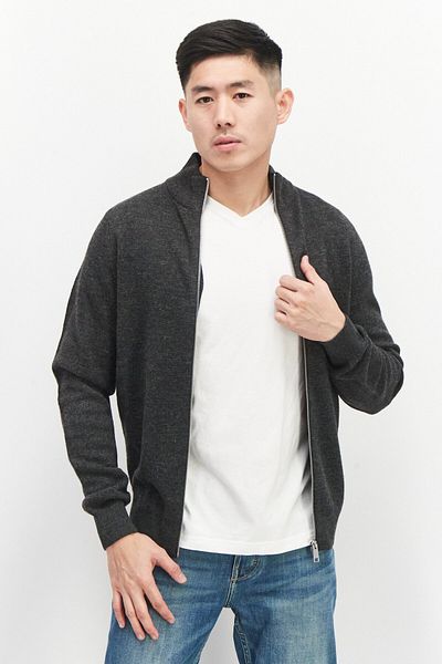 CELIO Men High Neck Long Sleeve Knitted Cardigans, Dark Grey
