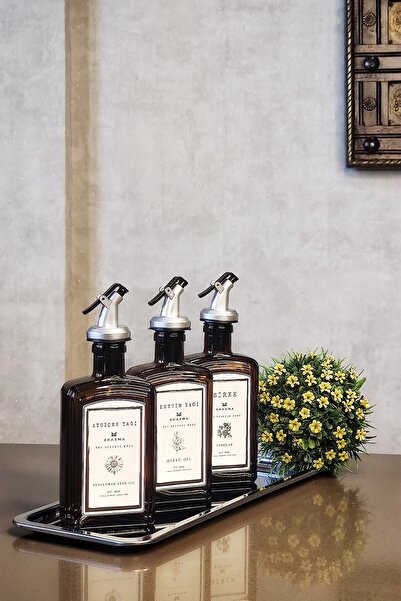 KHAKMA Amber Olive Oil Liquid Vinegar Bottle with Steel Stand Queen Oil Pot Set of 3 Cbey250ml P3qcb