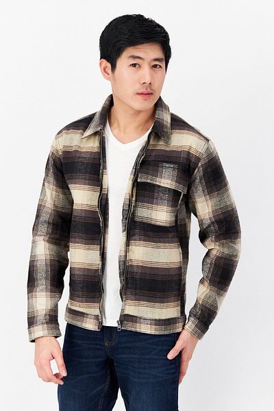 French Connection Men Plaid Full Zipper Shirt Jackets, Brown Combo