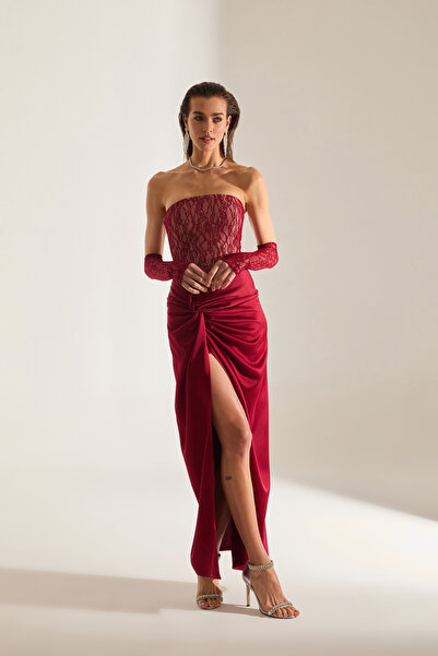 BETTY & SAM Melissa Dantel Saten Straplez Koyu Kırmızı Gece Elbisesi