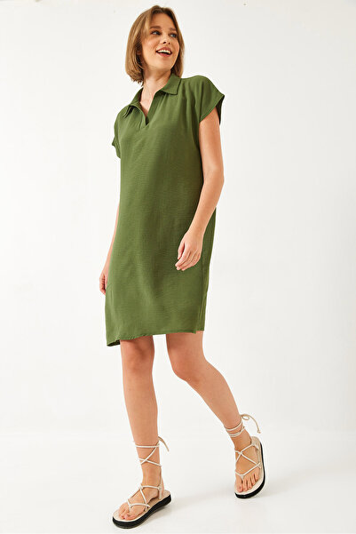 Bianco Lucci Γυναικείο φόρεμα πόλο με λαιμόκοψη, καλοκαιρινό φαρδύ λινό φόρεμα Ayrobin 70219 60271008