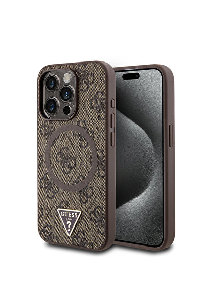 Guess iPhone 15 Pro Max Uyumlu Kılıf Guess  Lisanslı Şarj Özellikli PU Üçgen Logo 4G Desenli Kahverengi