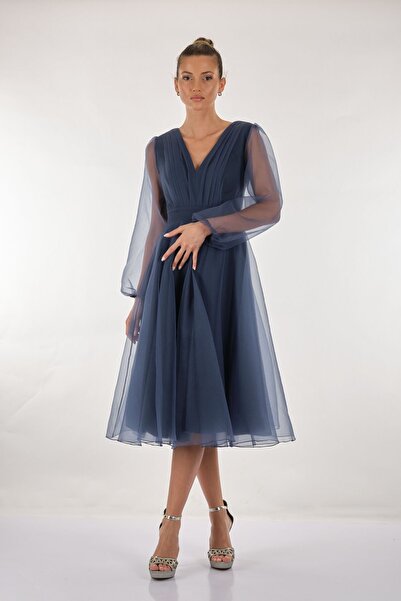 DORİ DORCA V Yaka Uzun Kollu Drapeli Organze Midi Boy Kadın Abiye 2224BB3037