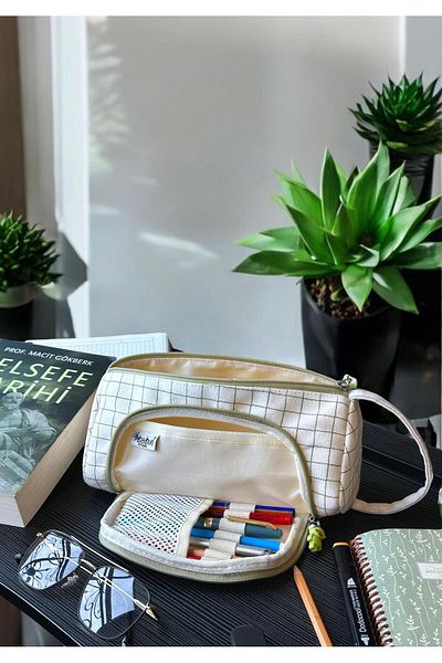 BABUN Ilgaz Green Checkered Large Wide Organic Canvas Cotton Cloth Fabric Pencil Case Pen Holder Makeup Bag