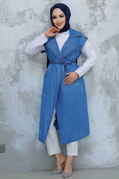 Neva Style Bead Embroidered Denim Dark Blue Hijab Vest 6551Km