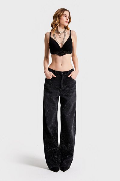 its basic T12S5-1 Black Denim with Shiny Stones - Loose Midrise Fit