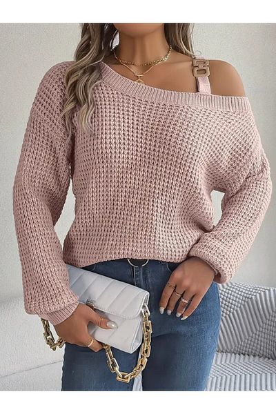 REKA MODA    Women's Long Sleeve One Shoulder Open Buckle Knitwear Blouse
