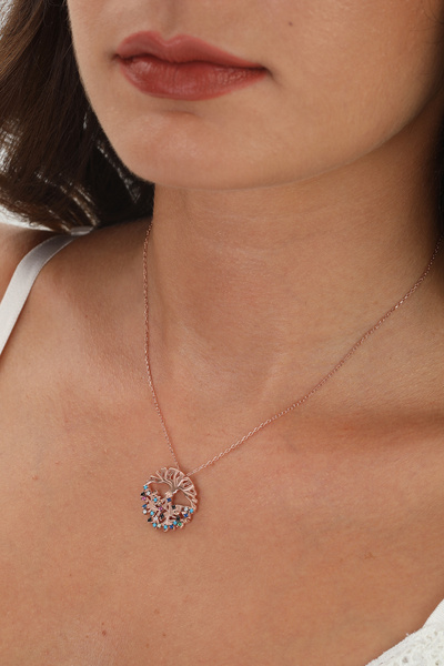 SUNSHINE 925 Ayar Rose Kaplamalı Multicolour Taşlı Yaşam Ağacı Gümüş Kolye