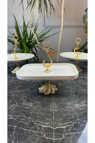 MAY HOME Porcelain Gold Metal Standing Presenter Serving Plate (Ha)