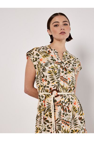 Apricot Midi-hemdkleid Mit Gürtel Und Blätterdruck
