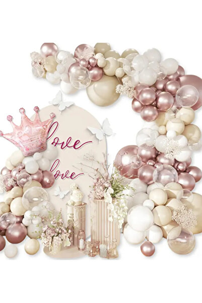 Çemrek Süs Parti Rose Chrome Sea Sand White Transparent Balloon Chain Set of 100