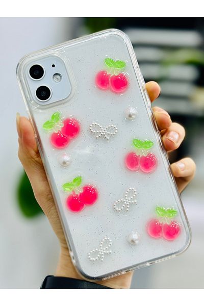 Go Aksesuar جراب سيليكون مرن بتصميم PEARL CHERRY متوافق مع هاتف Iphone 11 مع لعبة