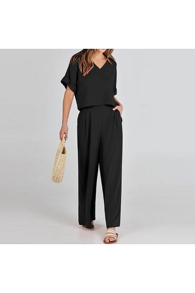 Toridas Tricou elegant de damă și pantaloni lungi Partea de jos Top Set din două piese cu decolteu în V Rochie lejeră cu mânecă scurtă