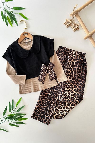 Minigimin Cicileri My Mini's Flowers Leopard Bow Detailed 3-Piece Girl's Set - Brown