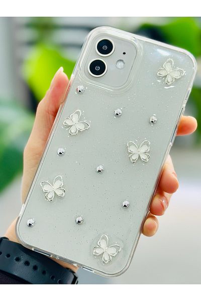 Go Aksesuar حافظة سيليكون مرنة متوافقة مع هاتف Iphone 12 و12 Pro مع لعبة بتصميم فراشة اللؤلؤ