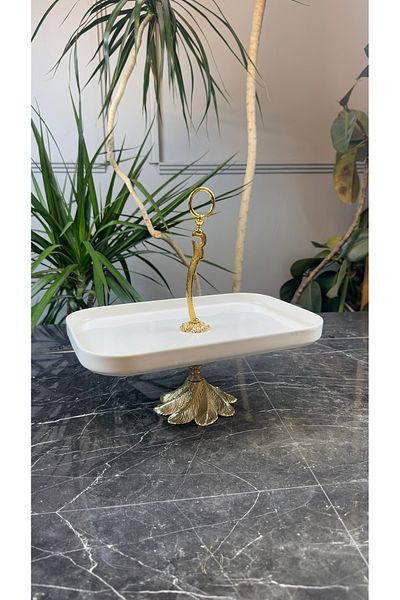 MAY HOME Porcelain Gold Metal Stand Rectangular Serving Presentation Plate