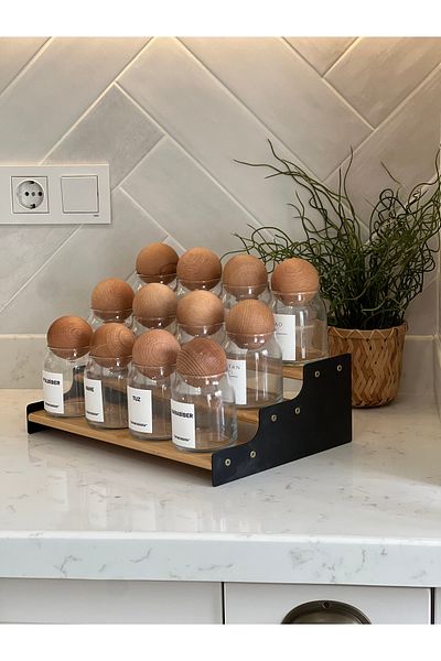 Sade Hediye Bamboo Black Metal Detailed Ladder Stand / 12-Piece Ball Cover Swivel Stand Spice Rack