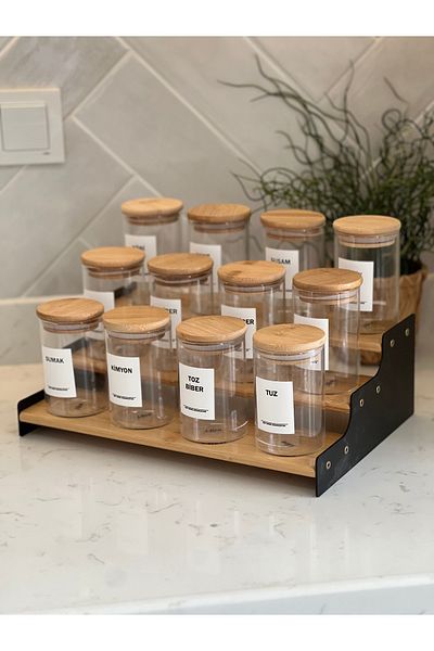 Sade Hediye 12-Piece Bamboo Swivel Stand - Black Metal Detailed Ladder Spice Rack