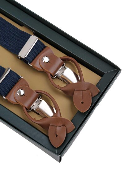 Kravatkolik Navy Blue Leather Pants Strap - Button Detail and Jacquard Pan202